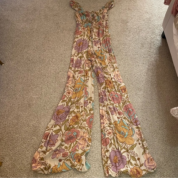 Free People rolling hills floral jumpsuit ruched bodice wide leg sweetheart - Picture 3 of 7